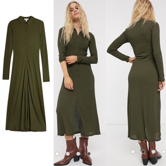 Top Shop Midi Dress Cardigan Style Button Down Ribbed Green NWOT - Picture 3 of 10